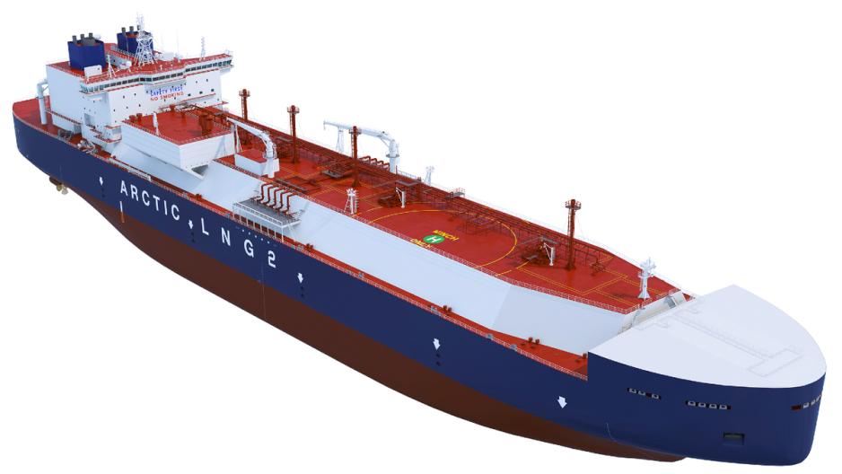 Model of a 2nd generation Arc7 LNG carrier for Novatek’s Arctic LNG 2 project. (Source: Zvezda) 2nd gen arc7