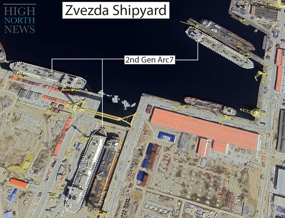 June 2023 satellite image showing three Arc7 carriers at the Zvezda shipyard. (Source: Airbus) Zvezda shipyard
