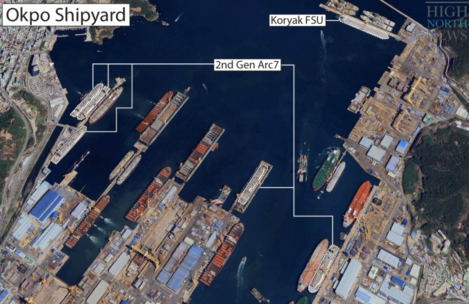 June 2023 satellite image showing five Arc7 carriers as well as Novatek’s floating storage unit Koryak at the Okpo shipyard. (Source: Airbus) okpo shipyard