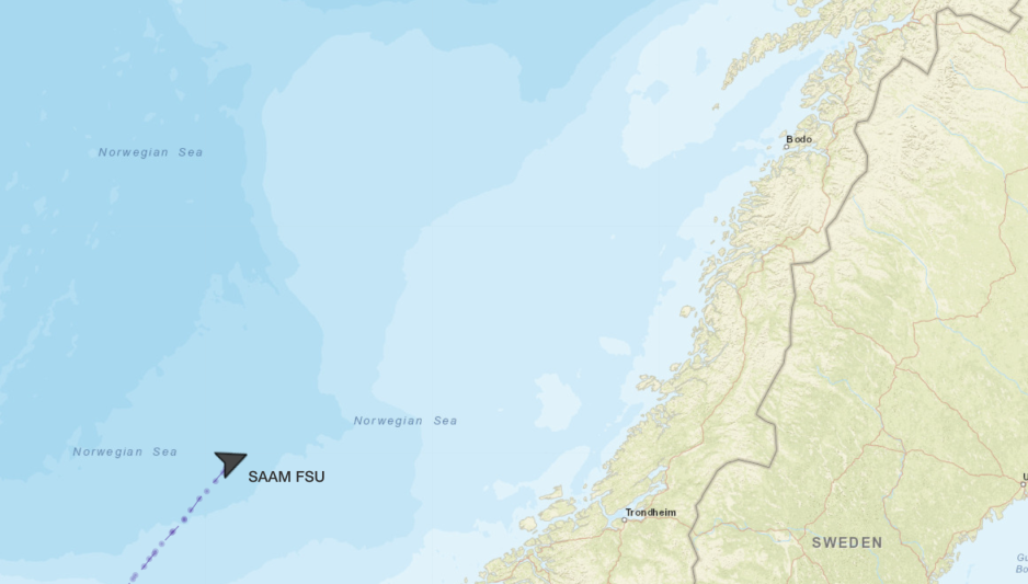 Live position of Saam FSU as of 2023-06-18 15:00:00 UTC. (Source: AIS data) saam fsu close to Bodø