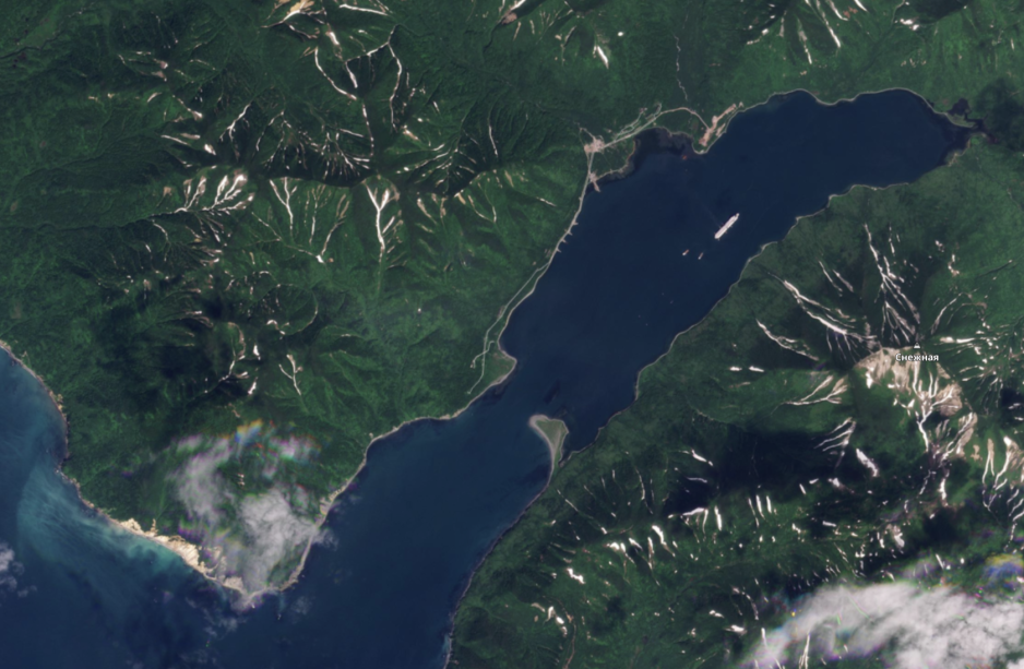 Satellite image of Koyak FSU and two tugs in Bechevinskaya Bay on 24 July 2023. (Source: Planet.com) Koryak 2