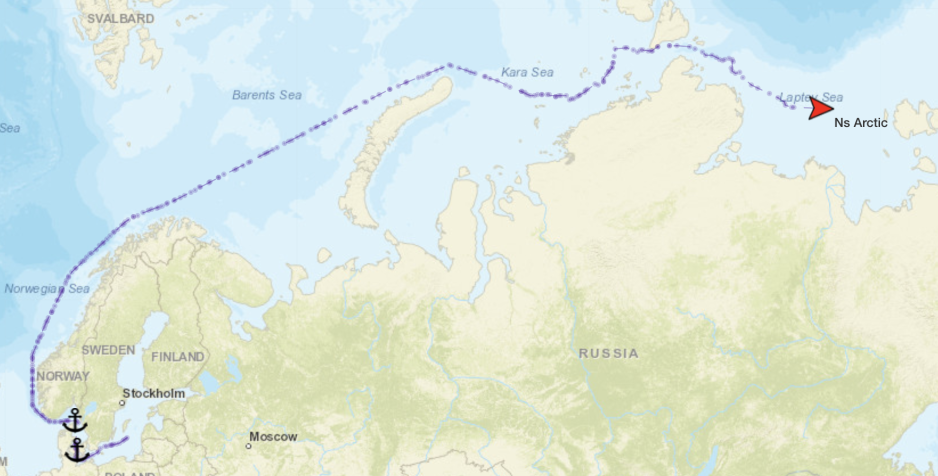 Oil tanker NS Arctic in the Laptev Sea on 30 July 2023. (Source: MarineTraffic) ns arctic route