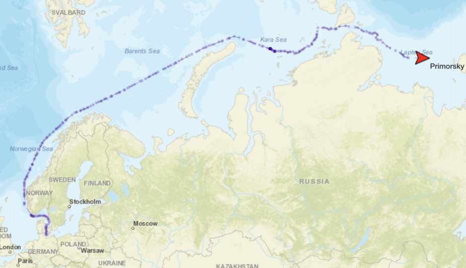 Oil tanker Primorsky Prospect in the Laptev Sea on 30 July 2023. (Source: MarineTraffic) primorsky prospect route