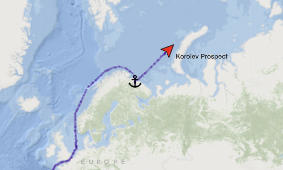 The route of Korolev Prospect from Umba FSO to the northern Barents Sea. (Source: AIS Data) Korolev Prospect