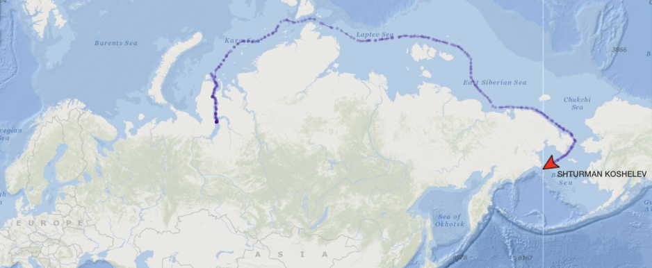The route of Shturman Koshelev from Umba FSO to the Bering Sea. (Source: AIS Data) Shturman Koshelev