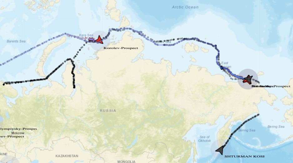 Map showing vessels tracks of current crude oil shipments to China via the Arctic. (Source: MarineTraffic) china oil map vessel tracks.