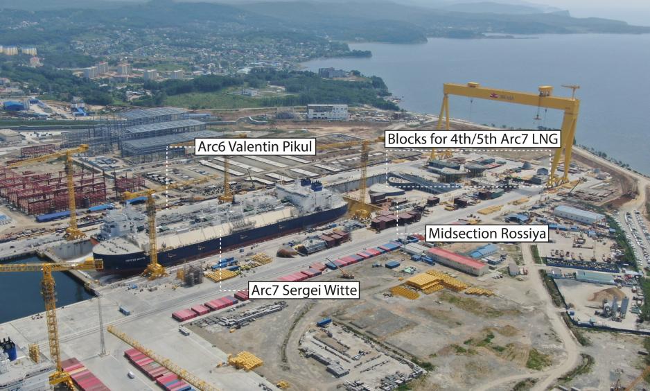 Aerial image showing the two new ice-capable vessels and blocks for future ships. (Source: Zvezda) zvezda 1-01