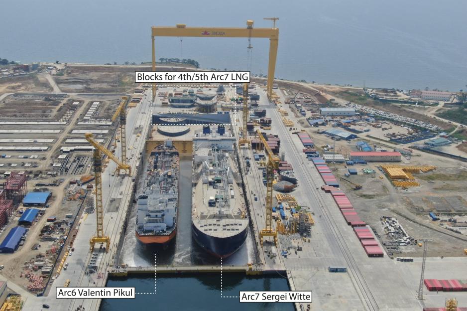 Aerial image showing the two new ice-capable vessels and blocks for future ships. (Source: Zvezda) zvezda 2-01