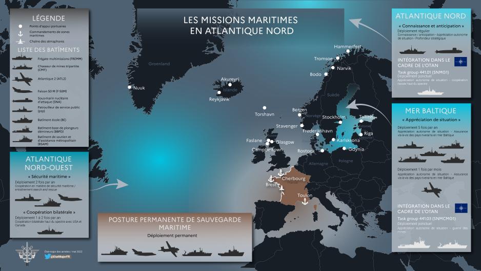 Infografikk om den franske marinens operasjoner i Nord-Atlanteren, både i øst (nordområdene) og vest (Illustrasjon: Den franske marinen)