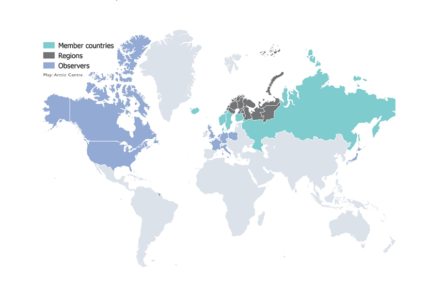 Dette kartet viser Barentssamarbeidets nåværende og forhenværende medlemsland, regionale enheter og observatørstater. Nå er Russland som stat, de russiske regionale enhetene Arkhangelsk, Karelen, Komi, Murmansk og Nenets – samt samer, nenetser og vespere på russisk side – trukket ut av samarbeidet. (Skjermdump fra Baretsrådets nettside)