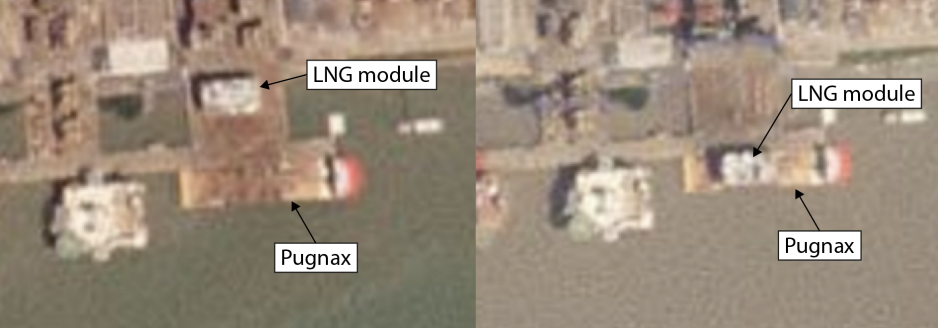 Satellite image showing the loading of LNG modules onto Pugnax at a shipyard north of Shanghai between August 13 and August 20. (Source: Planet.com) annotated pugnax satellite image.