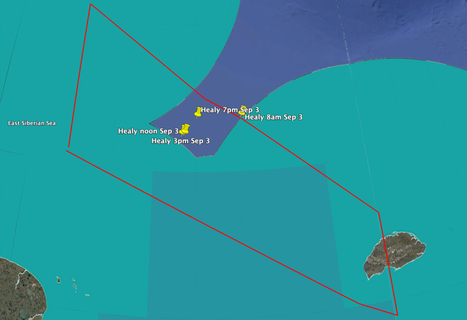 USCGC Healy navigating outside Russia’s Exclusive Economic Zone (green shaded area) but inside District 24 of the NSR (red polygon) on 3 September 2023. (Source: Author’s own work with AIS data and NSRA information) healy entering NSR.