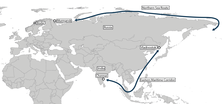 Map showing the Northern Sea Route and Eastern Maritime Corridor in relation to India. (Source: Author’s own work) High North News India EMC Eastern Maritime Corridor Worldmap