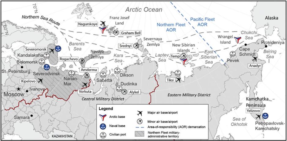 Et utvalg av russisk militær og sivil infrastruktur i Arktis. (Kilde: Jonas Kjellén 2022, Arctic Review on Law and Politics)