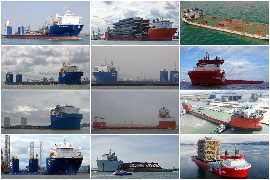Image showing the twelve heavy load carriers that carried modules for Arctic LNG 2. (Photos by Kees Torn, Berg Knot, and Piet Sinke on Flickr.com under CC BY-SA 2.0 and courtesy of Red Box) final 12 ship overview Arctic LNG 2.