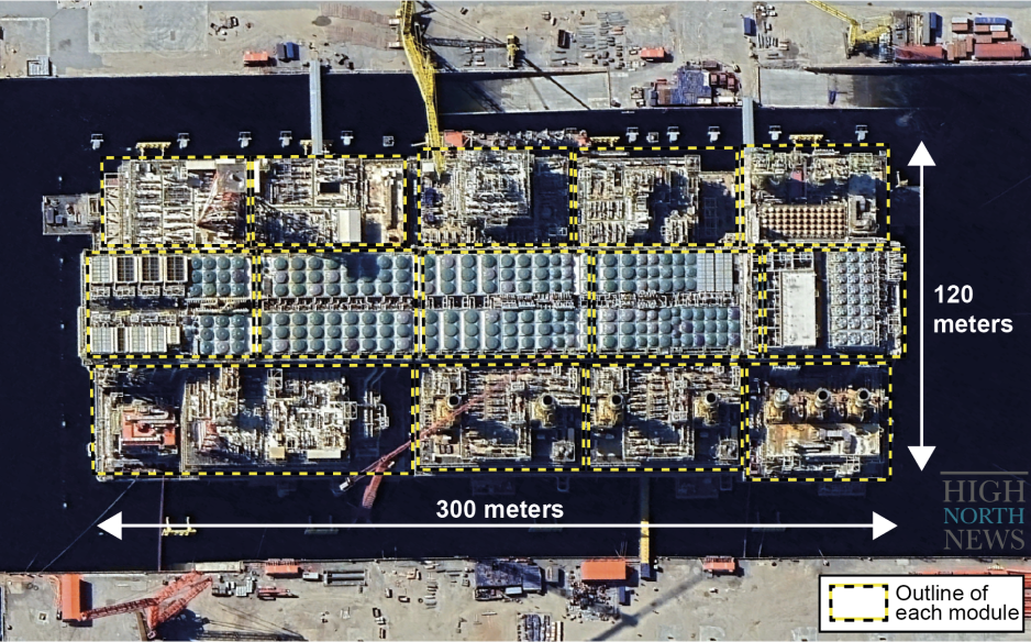 Annotated satellite image of Train 1 of Arctic LNG 2 showing each of the fourteen modules June 2023. (Source: Airbus) modules google earth Arctic LNG 2