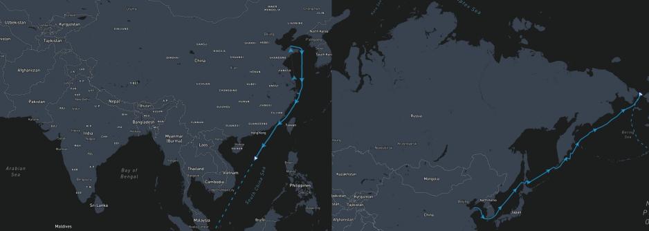 Route of Hunter Star (left) and Audax and Pugnax (right) following their departure from the Penglai Jutal Offshore Engineering (PJOE) yard in the Chinese province of Shandong. (Source: Maritime Optima) route hunter star audax.