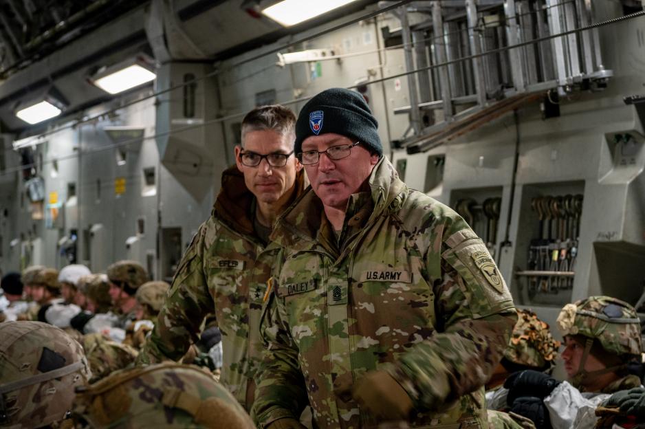 U.S. Army Command Sgt. Maj. Vern B. Daley, 11th Airborne Division and U.S. Army Alaska senior enlisted leader, followed by Maj. Gen. Brian Eifler, 11th Airborne Division and U.S. Army Alaska commander,