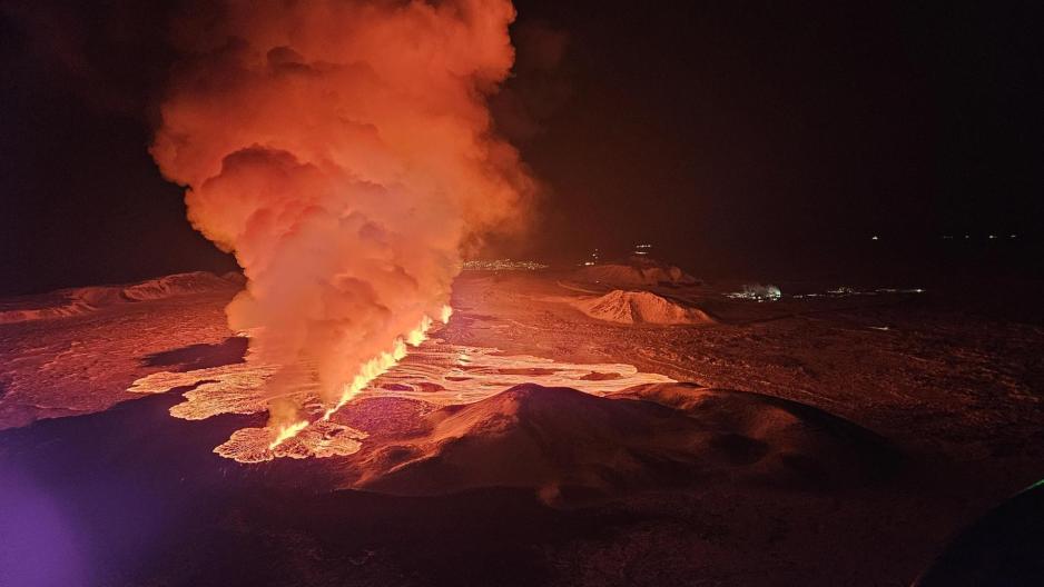 Image from the Icelandic Coast Guard's surveillance flight. Mt. Stóra-Skógfell in the foreground and the lights at the Svartsengi power station to the right. (Photo: Björn Oddsson/Icelandic Coast Guard). Iceland eruption