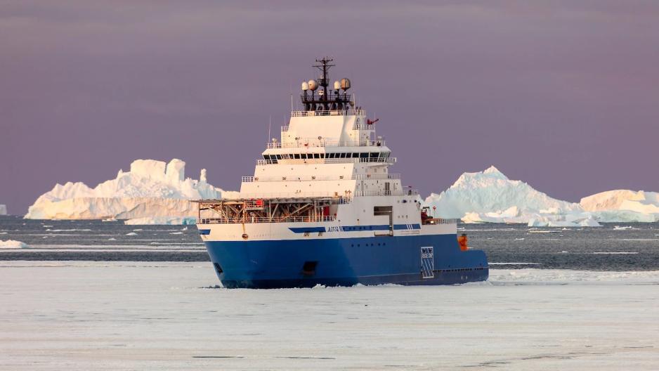 Offshore supply icebreaker Aiviq during operation in Antarctica. (Source: Kirk Yatras via Australian Antarctic Division) Aiviq Australian antarctic division.