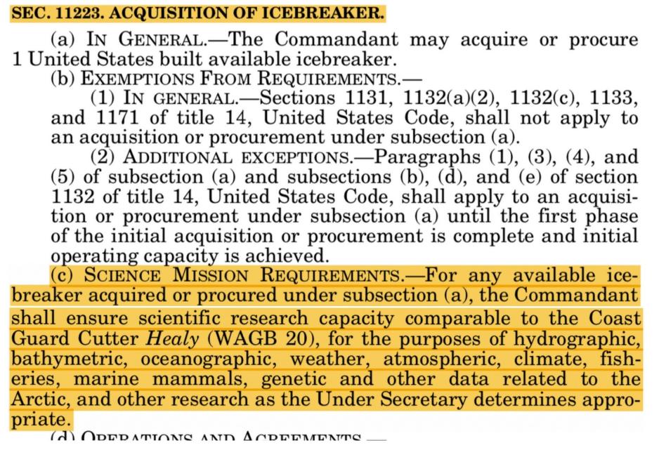 Language specifying requirements for icebreaker acquisition from the National Defense Authorization Act. (Source: U.S. Congress) NDAA Healy.