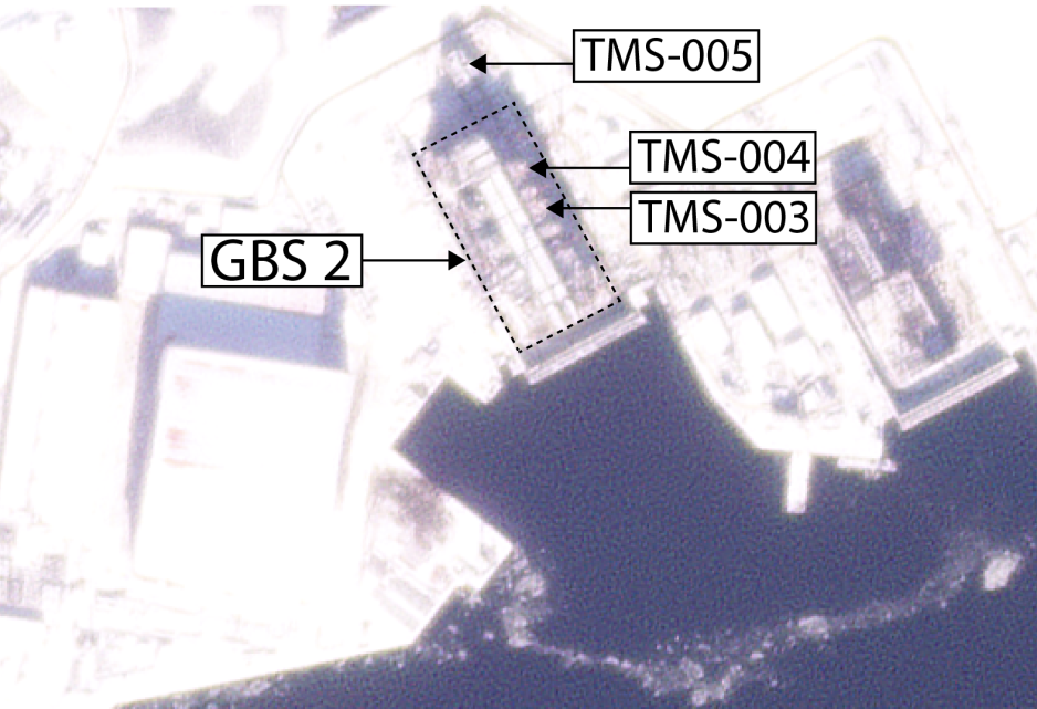 April 2 satellite image showing the final module TMS-005 being maneuvered into position to be added to the GBS platform. (Source: Planet) Belokamenka satellite April 2.