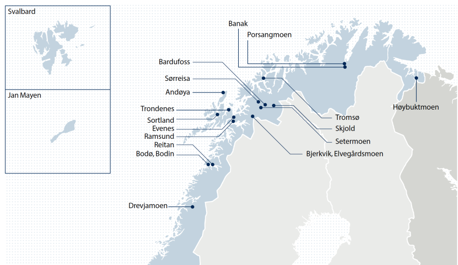Forsvarets baser i Nord-Norge. Utsnitt av figur 4.3 Forsvarets basestruktur i regjeringens forslag til langtidsplan for forsvarssektoren. (Skjermbilde, Prop 87 S (2023-2024) s. 81) Forsvarets baser i Nord-Norge. Utsnitt av figur 4.3 Forsvarets basestruktur i regjeringens forslag til langtidsplan for forsvarssektoren. (Skjermbilde, Prop 87 S (2023-2024) s. 81)