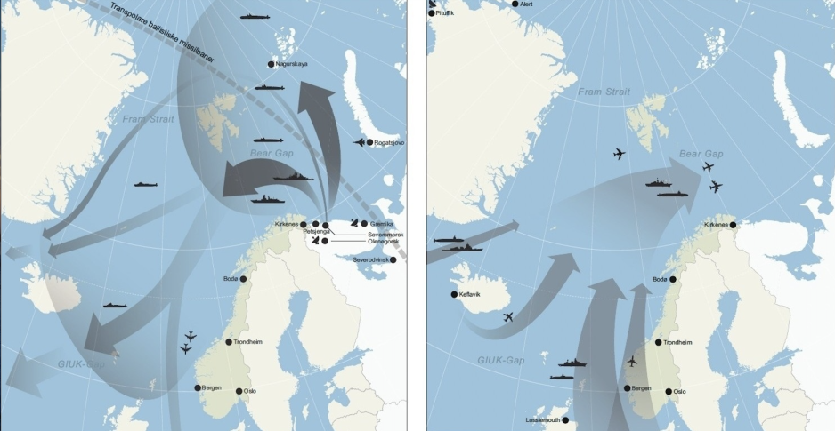 Utsnitt av figurene 10.7 (t.v) og 10.8 i Forsvarskommisjonens rapport som viser henholdsvis russisk militær opptreden i norske nærområder – og allierte operasjoner for å møte russisk aktivitet. (Kilde: Forsvarskommisjonen NOU 2023:14, s. 144-145). Utsnitt av figurene 10.7 (t.v) og 10.8 i Forsvarskommisjonens rapport som viser henholdsvis russisk militær opptreden i norske nærområder – og allierte operasjoner for å møte russisk aktivitet. (Kilde: Forsvarskommisjonen NOU 2023:14, s. 144-145).