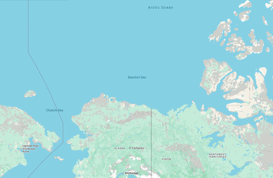 The Beaufort Sea is a part of the Arctic Ocean located northeast of Alaska and northwest of Canada. (Screenshot from Google Maps)