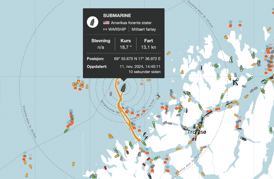 Ubåten USS Virginia sine bevegelser mandag. (Skjermdump fra NAIS)