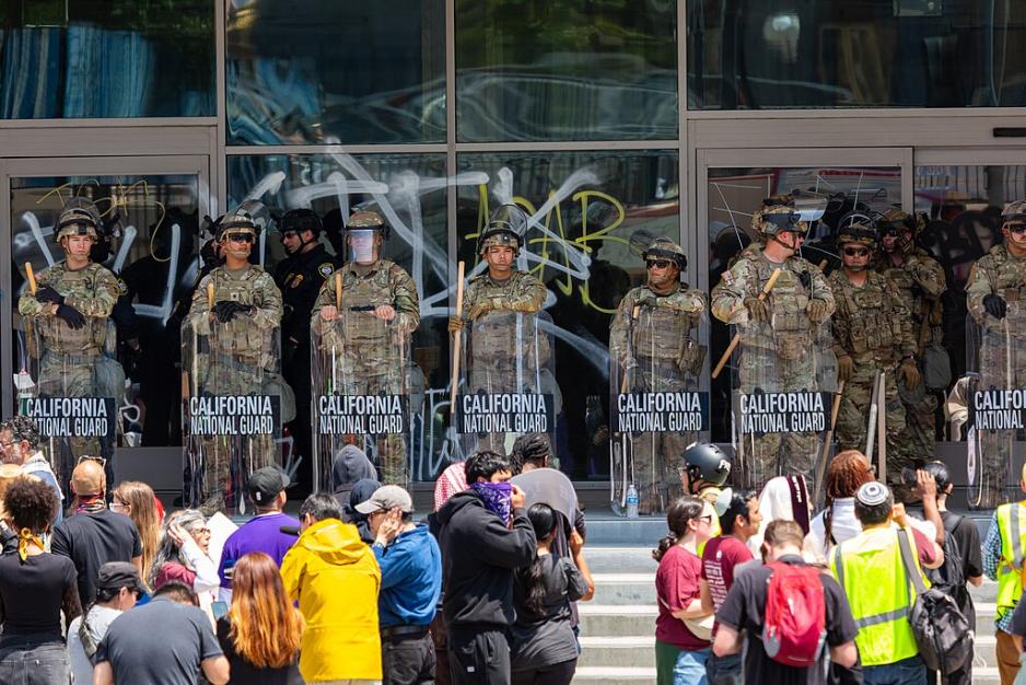 California National Guard in front of protestors. CA Guard and protestors, June 2025