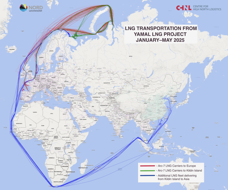 Map showing flow of LNG deliveries from Yamal to Europe and Asia between Jan 1 and May 31, 2025. (Source: CHNL) Map showing flow of LNG deliveries from Yamal to Europe and Asia between Jan 1 and May 31, 2025. (Source: CHNL)