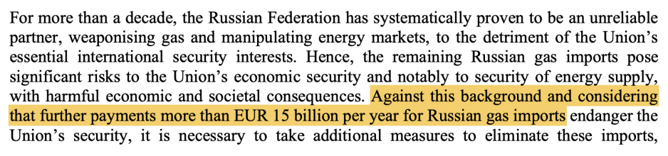The full text of the draft regulation highlights that EU members spend more than €15 billion per year on gas imports from Russia. (Source: European Commission) EU gas imports 15 billion