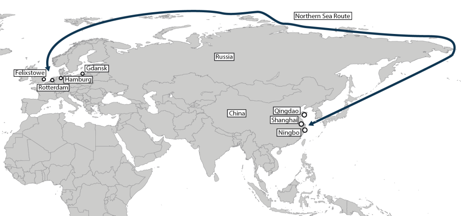 Route illustration showing the Arctic Express service from China to Europe. (Source: HNN) HNN High North News Arctic Express Container ship route China Map