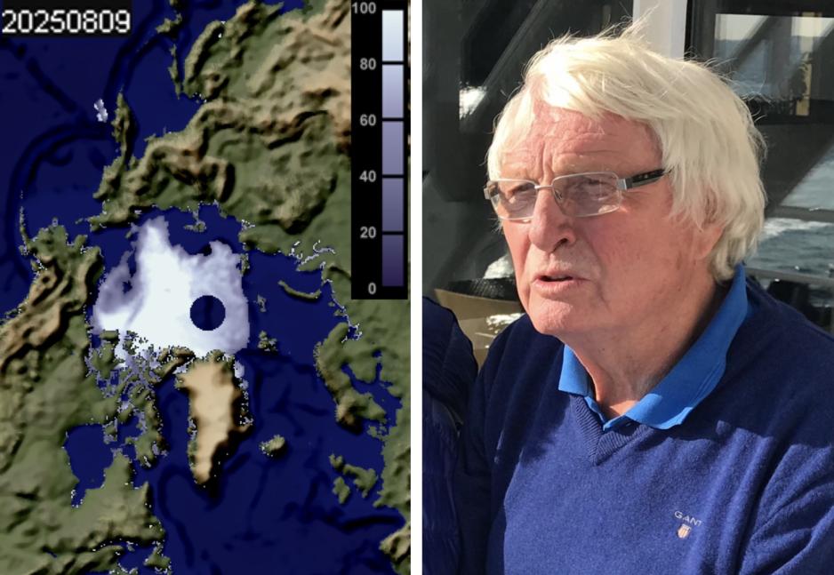 T.v: Iskart over Nordvestpassasjen for lørdag 9. august. (Kilde: Nansensenteret). T.h.: Ola M. Johannessen, professor i oseanografi og tidligere direktør ved Nansensenteret i Bergen. (Foto: Privat) T.v: Iskart over Nordvestpassasjen for lørdag 9. august. (Kilde: Nansensenteret). T.h.: Ola M. Johannessen, professor i oseanografi og tidligere direktør ved Nansensenteret i Bergen. (Foto: Privat)
