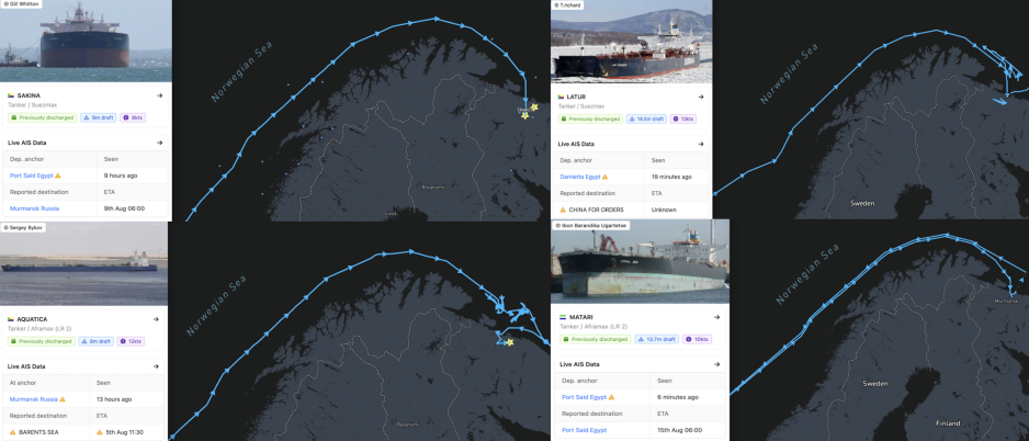 Automatic Identification System (AIS) tracks of four sanctioned shadow fleet tankers in recent days. (Source: Shipatlas) Shadow fleet Norway four AIS tracks Summer 2025