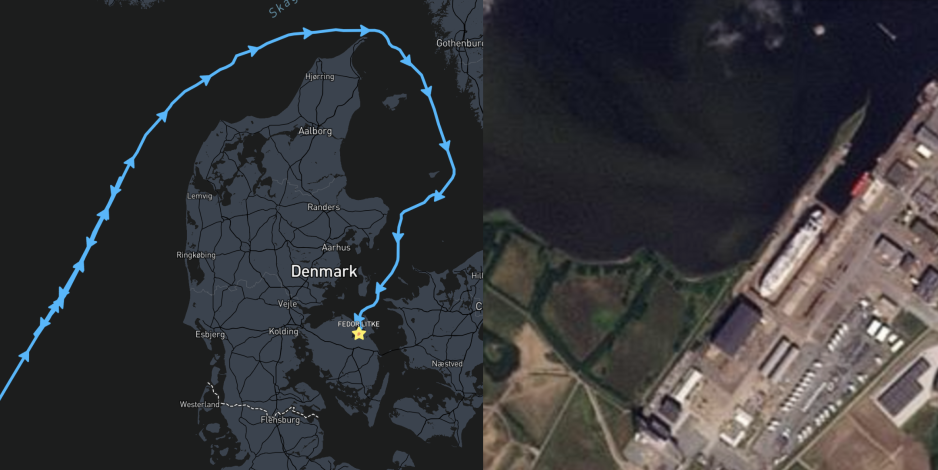 Automatic Identification System (AIS) track and satellite image of LNG carrier Fedor Litke at the Fayard yard on August 4, 2025. (Source: Sentinel 2) fedor litke ais and satellite composite HNN