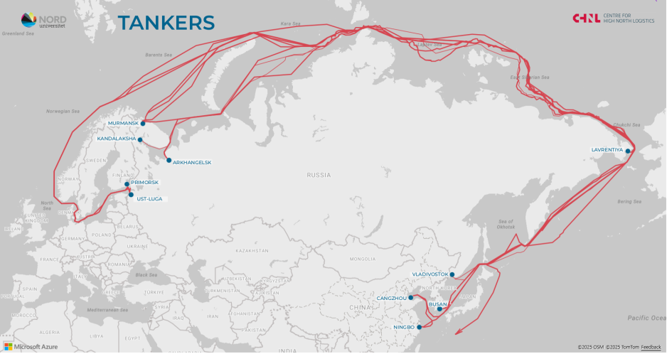 Oil shipments transiting the Northern Sea Route in 2025 as of August 31, 2025. (Source: Center for High North Logistics) Tankers-map