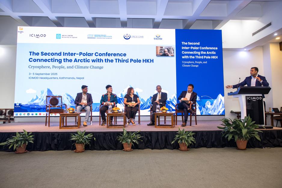 A full panel on stage at ICIMOD: discussing climate, culture, and community resilience across the “Third Pole” and the Arctic Third Pole konferanse Nepal.
