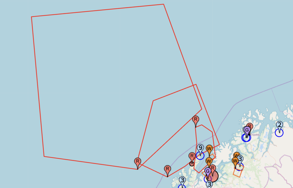 NOTAM-kart som viser militære øvingsområder (rød farge) under den tyske øvelsen utenfor Andøya i perioden fra 13. oktober og natt til 25. oktober. (Skjermdump fra NOTAM Info) NOTAM-kart som viser militære øvingsområder (rød farge) under den tyske øvelsen utenfor Andøya i perioden fra 13. oktober og natt til 25. oktober. (Skjermdump fra NOTAM Info)