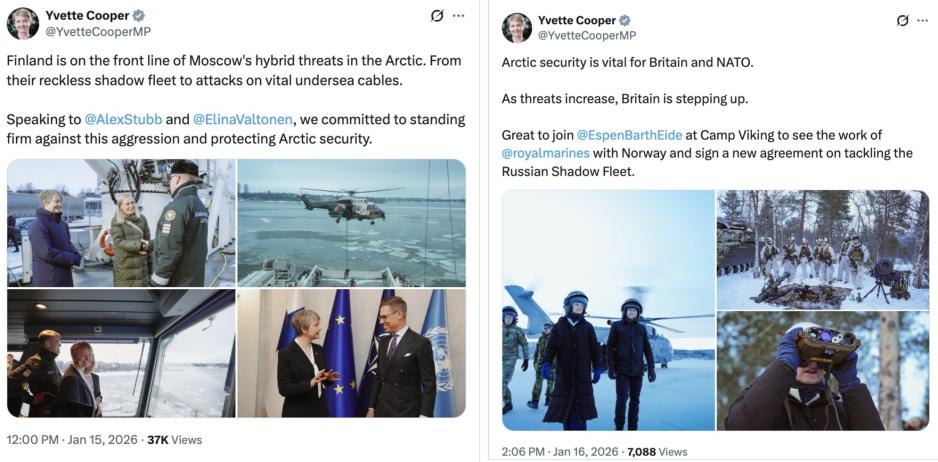 Den britiske utenriksministerens innlegg på X etter besøket i den finske hovedstaden Helsinki onsdag 14. januar og i indre Troms, Nord-Norge, torsdag 15. januar. (Skjermdumper)