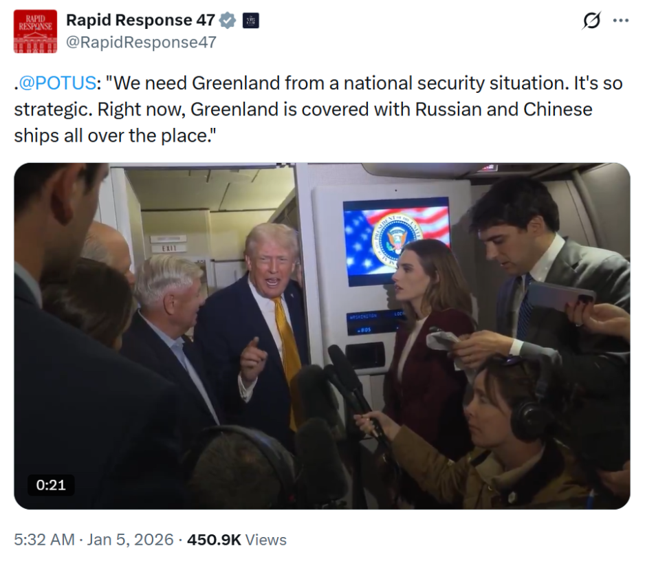 Skjermbilde 2026-01-06. Trump om Grønland, X.