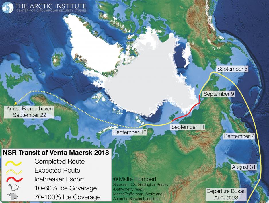The voyage of the Venta Maersk from Asia to Europe and ice conditions along the Nothern Sea Route. (Illustration: Malte Humpert) The voyage of the Venta Maersk from Asia to Europe and ice conditions along the route. (Illustration: Malte Humpert)
