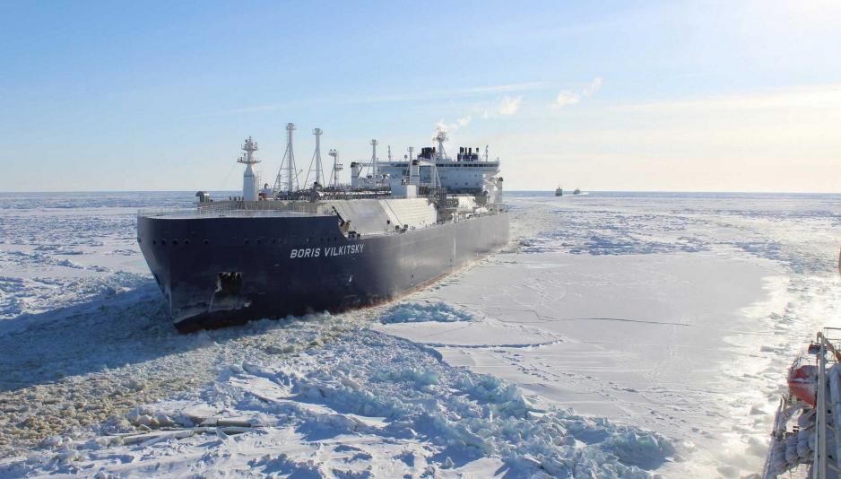 The LNG Carrier Boris Vilkitsky operating in the frozen waters of the Northern Sea Route in March 2018. (Photo: Courtesy of Captain Alexander Skryabin) Boris-Vilkitsky-along-NSR.
