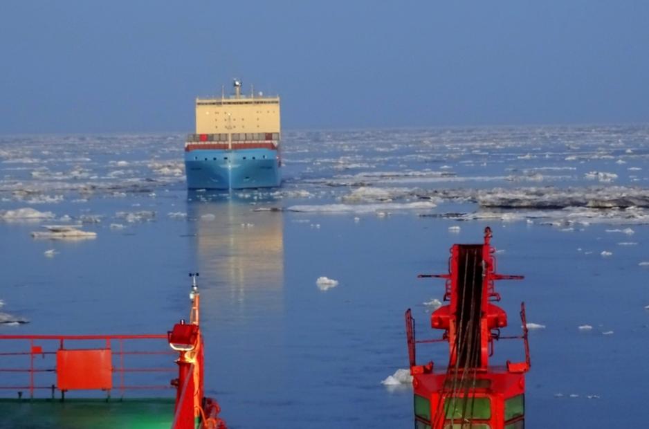 The Venta Maersk following behind the nuclear icebreaker 50 Let Pobedy through icy waters on the Nothern Sea Route. (Photo: Rosatomflot) Venta-Maersk-Icebreaker-Escort.