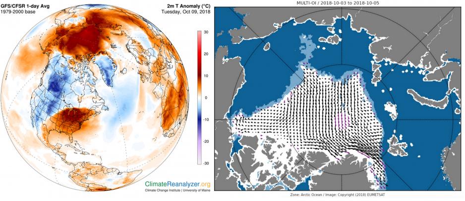 Graph showing above-average temperatures across much of the Arctic and map showing ice being pushed together along the north and east side of Greenland by high winds. (Source: Climate Reanalyzer, Climate Change Institute, University of Maine, USA and EUMETSAT)