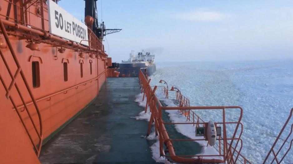 Caption: Boris Vilkitsky escorted out of the Northern Sea Route by the nuclear icebreaker 50 Years of Victory. (Source: Courtesy of Rosatomflot).