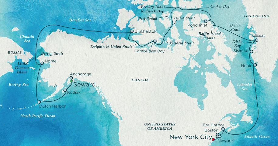 Crystal Serenity’s Route from Seward, Alaska to New York City via the Northwest Passage. Source: Courtesy of Crystal Cruises