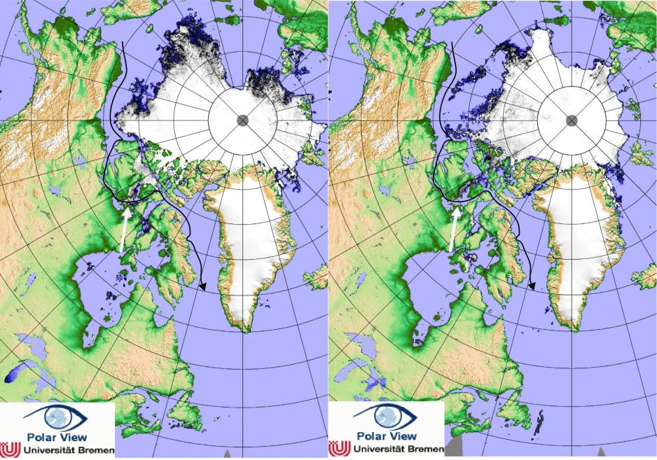 Comparison of ice conditions along the Northwest Passage, August 28th 2014 and August 28th 2015. Source: Spreen, G., L. Kaleschke, and G.Heygster(2008), Sea ice remote sensing using AMSRE 89 GHz channels J. Geophys. Res.,vol. 113, C02S03)
