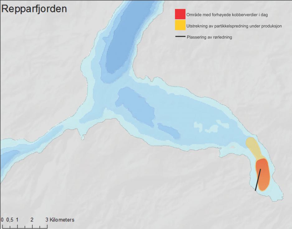 På 70-tallet ble det deponert 3 millioner tonn avgangsmasser lengst inn i Repparfjorden. Nå er deponiet undersøkt av forskere fra EWMA-prosjektet. (Grafikk: EWMA)